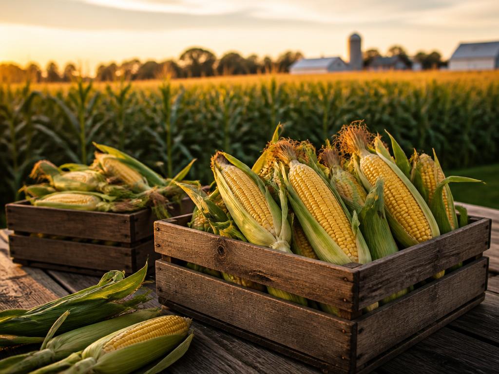 Crates of freshly picked golden sweet corn at Dawson Family Farm